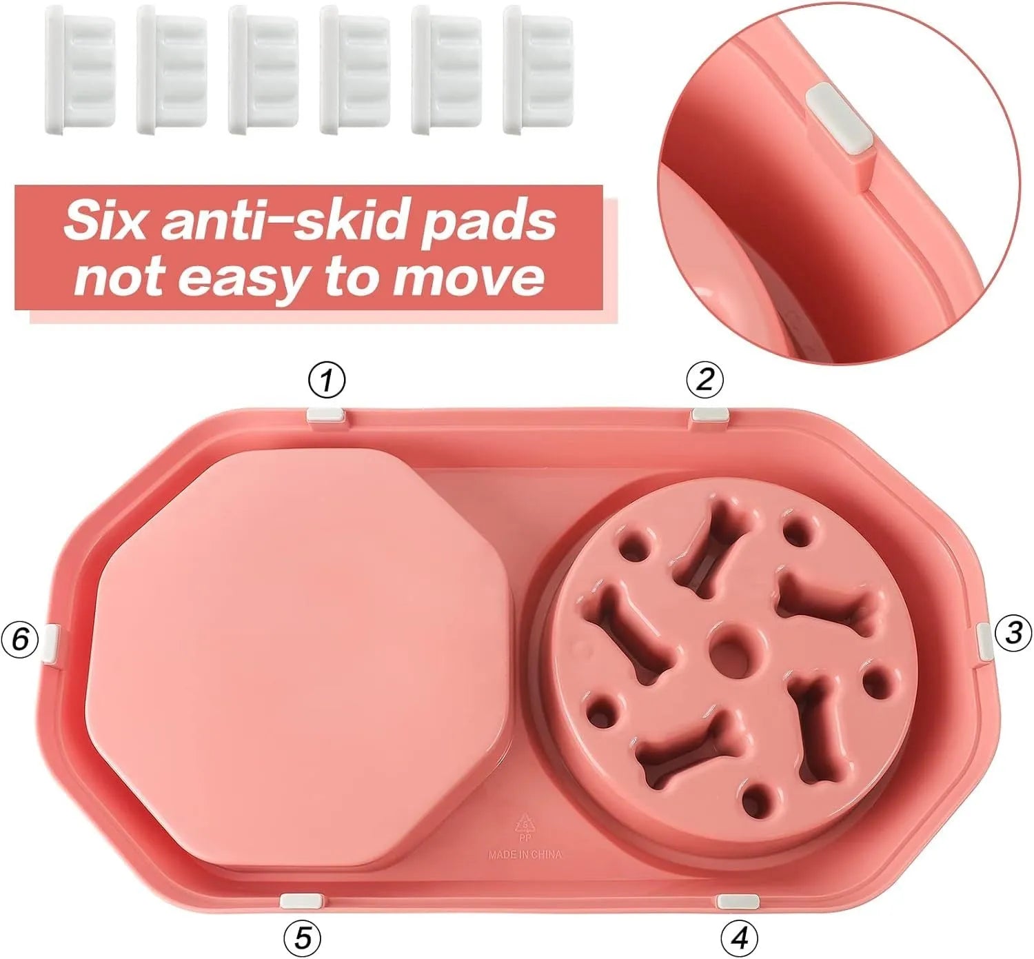 Blue interactive slow feeder dog bowl with maze pattern for anti-gulping, shown with four non-slip pads.
