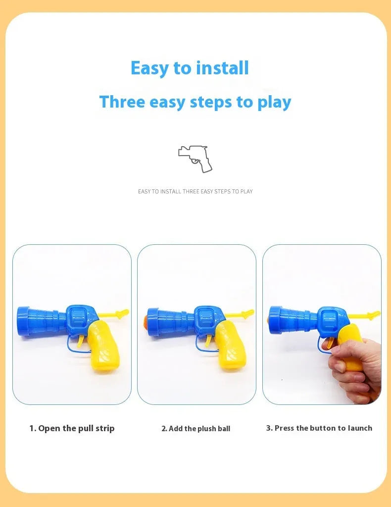 Plush pet launch gun with soft yarn balls for interactive cat and dog play sessions