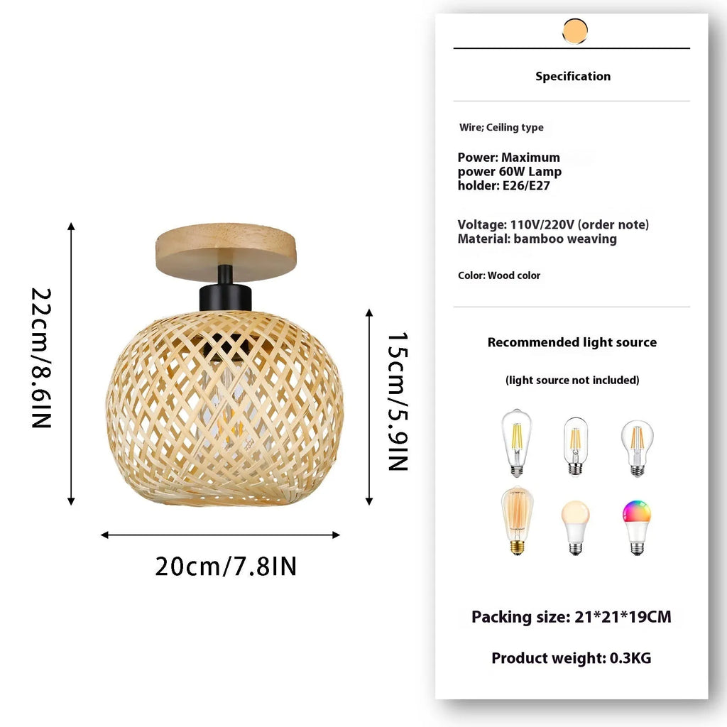 Japanese-style natural bamboo ceiling lamp in a wood colour finish for corridors and hallways.