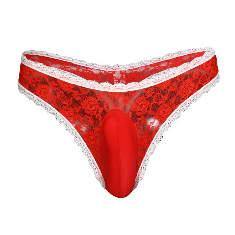 Men's lace underwear with vertical bag egg design in low-waist triangle briefs