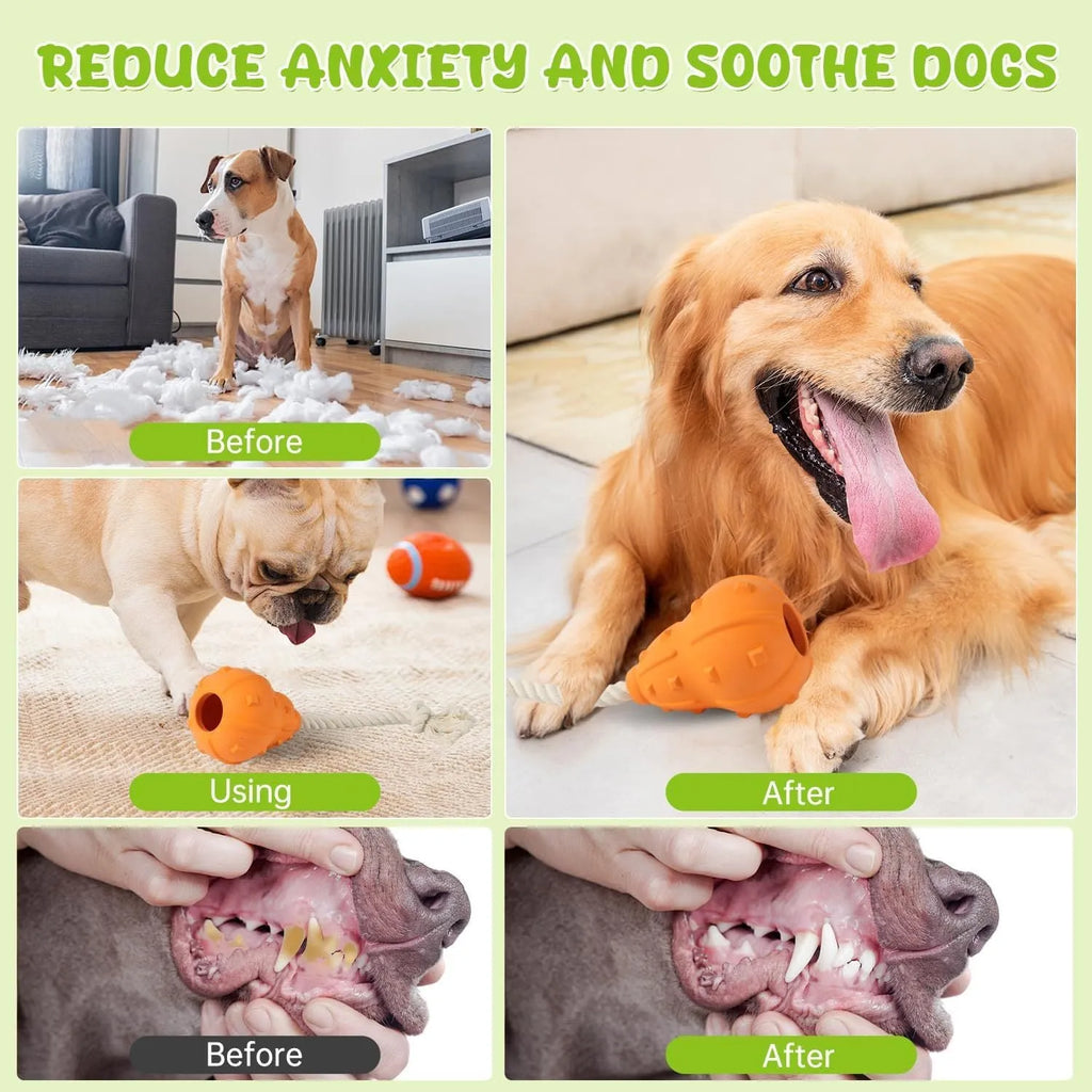 Natural rubber stuffable dog toy with longer strap for interactive play