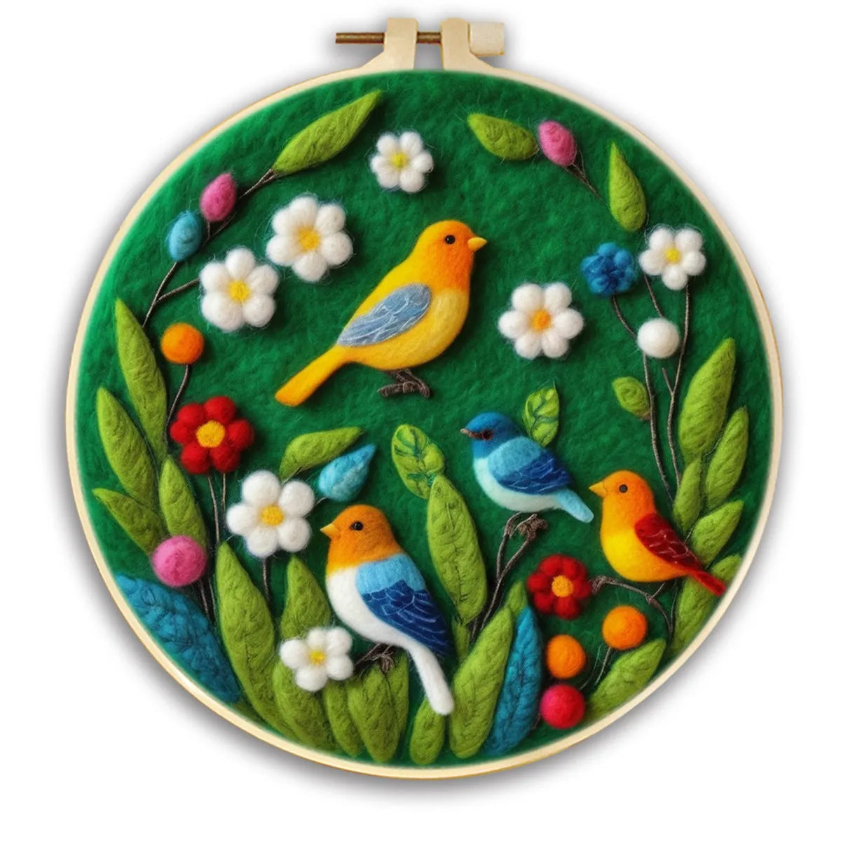 Round 20x20 cm linen embroidery kit with wool felt pieces for floral design and included embroidery frame.