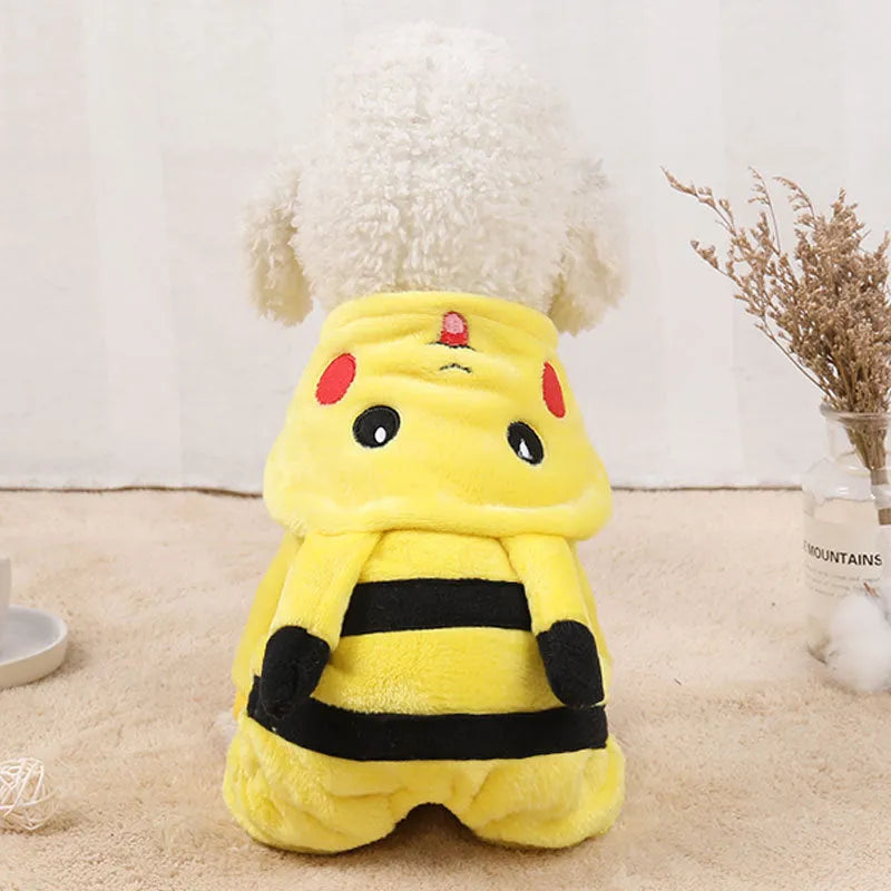 Fleece hooded pet coat for dog or cat in cartoon cosplay design on a mannequin