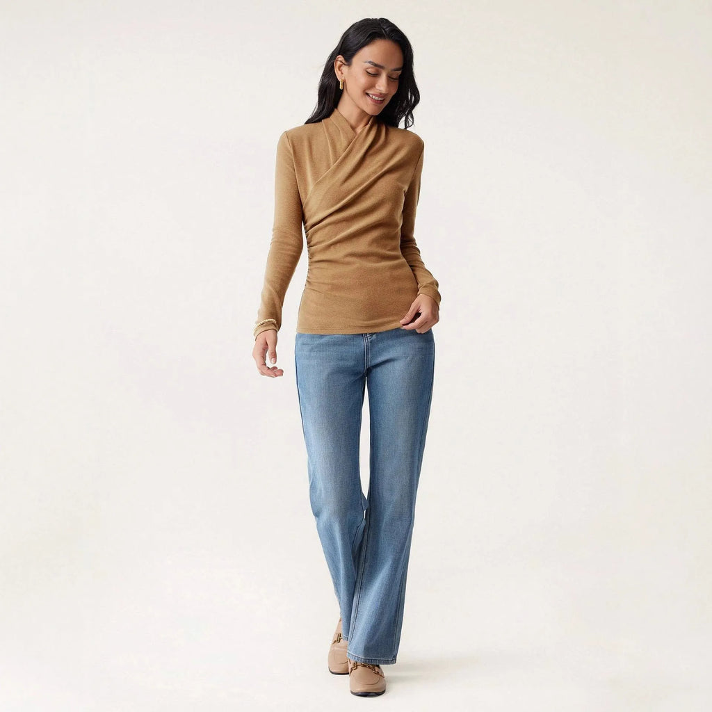 Women's camel colour slim fit pullover sweater with long sleeves