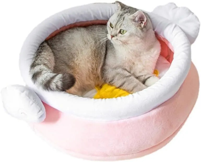Honey pot shaped cat sofa bed with magic wands in soft pink fabric with removable cushion