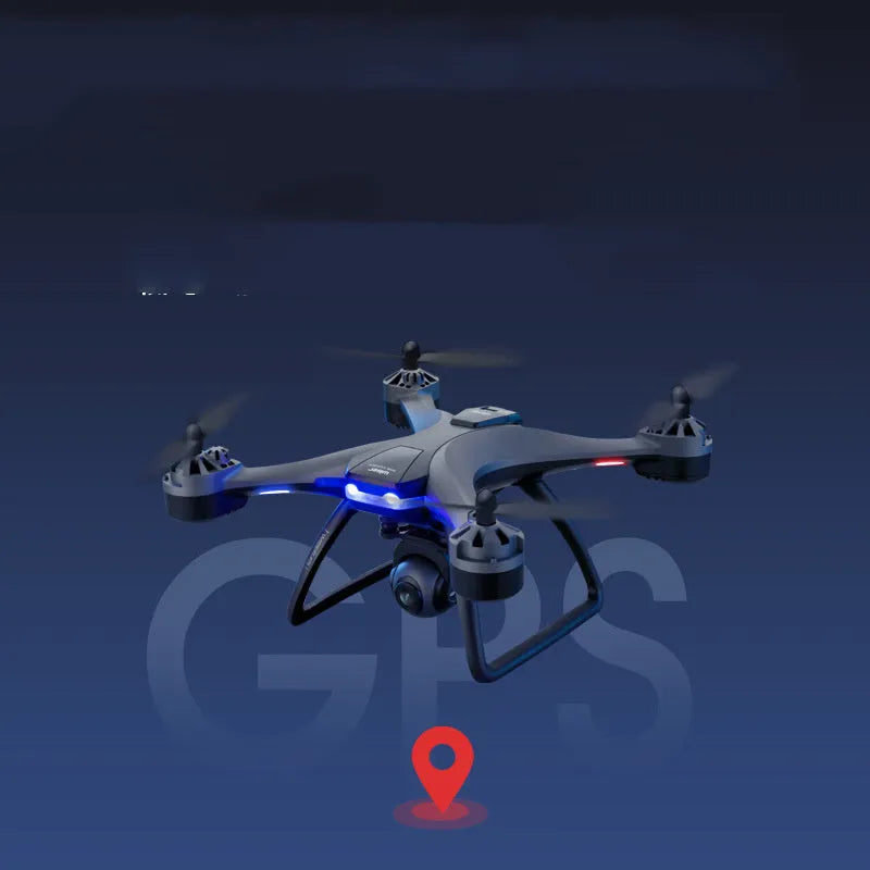 GPS quadrocopter drone with dual cameras, remote controller, spare blades, and landing gear on white background