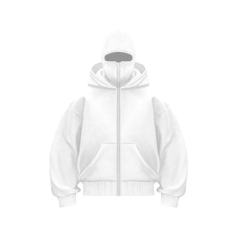 Women's loose fit solid colour polyester fleece zip top with faux fur trim on hood, front view