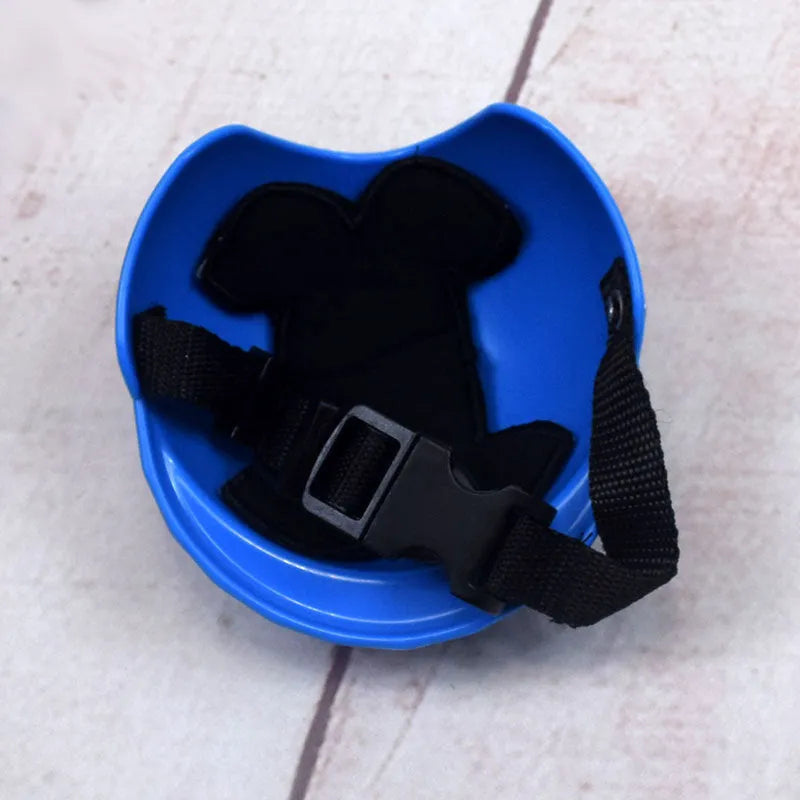 Plastic dog motorcycle-style helmet cap shown in multiple colours and sizes for small, medium, and large dogs.
