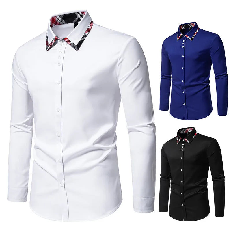 Men's triangle collar shirt with plaid contrast panels in polyester fibre
