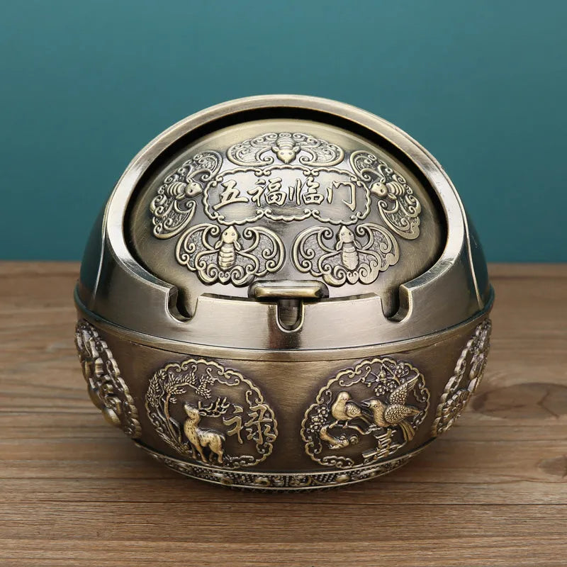 Creative alloy ashtray in bronze with smoke extinguishing slot, featuring a detailed Money Tree design.