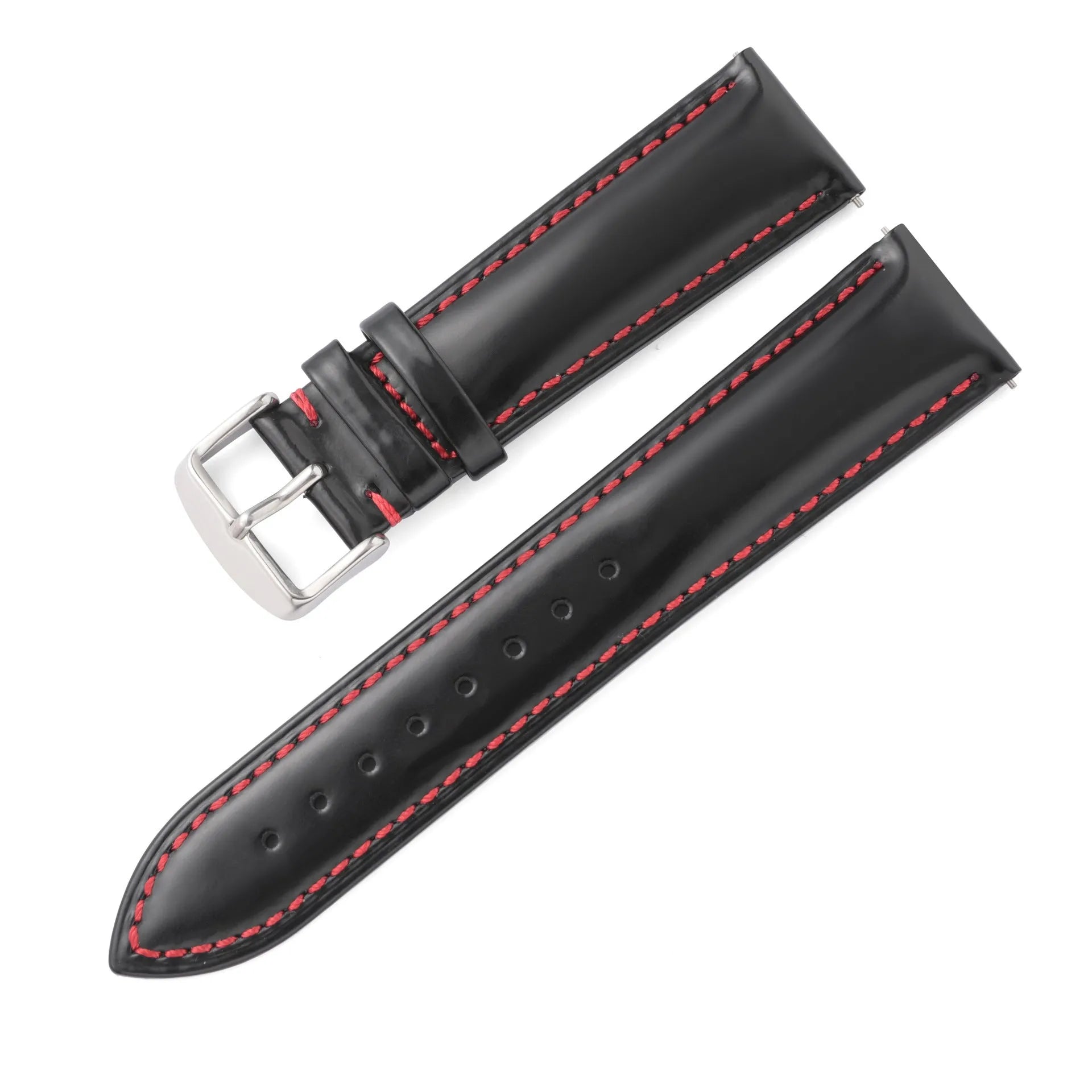 Quick release watch strap in cowhide leather showing buckle and multiple colour options including black, brown, and blue with white thread.