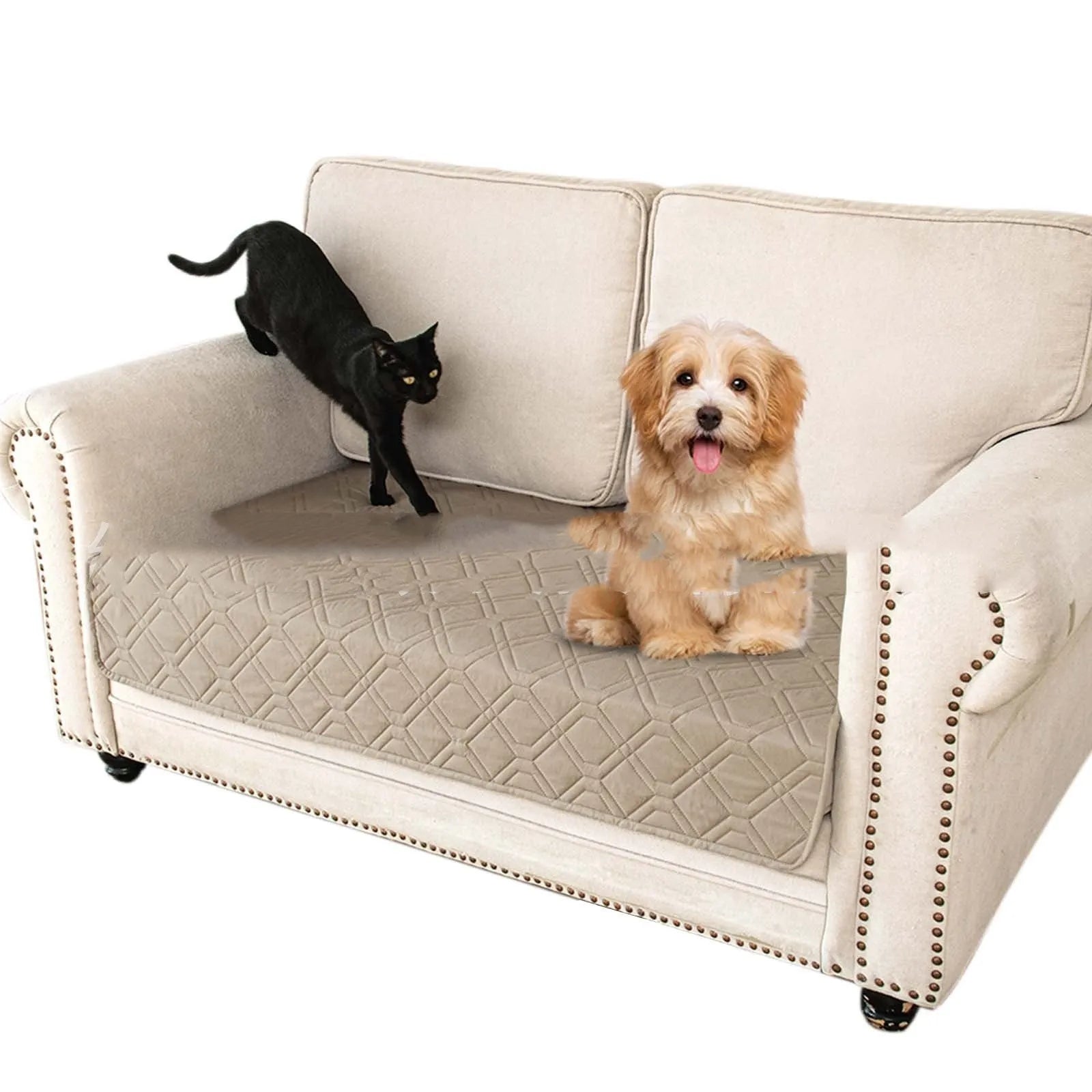Double-sided waterproof dog sofa cushion in dark grey light grey or khaki beige, shown in various sizes on furniture.