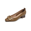 Women's black French square head chunky heel pumps oxford style side view