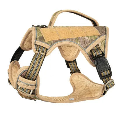 Black Oxford cloth tactical chest strap for a large search and rescue working dog.