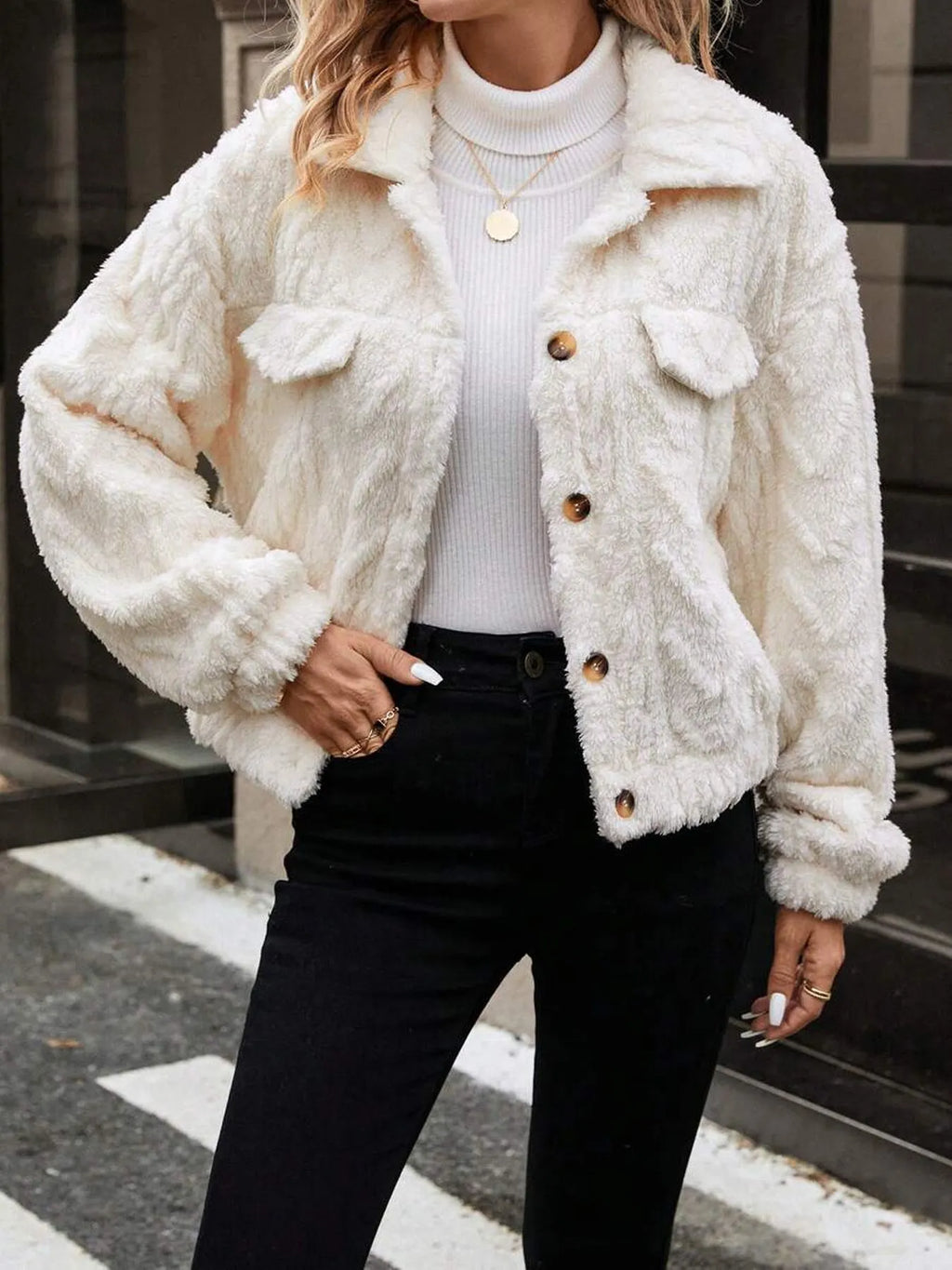 Women's ivory white double-sided plush button cardigan with long sleeves and medium thickness