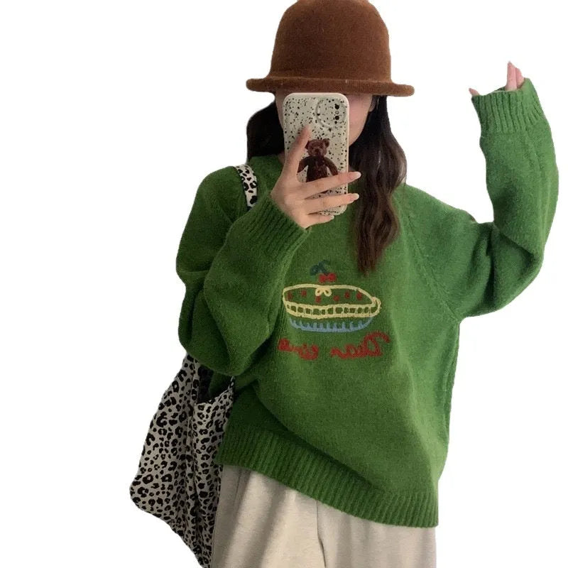 Women's round neck embroidered sweater in loose fit, available in seven colours including beige, gray, red, green, black, and rose red.