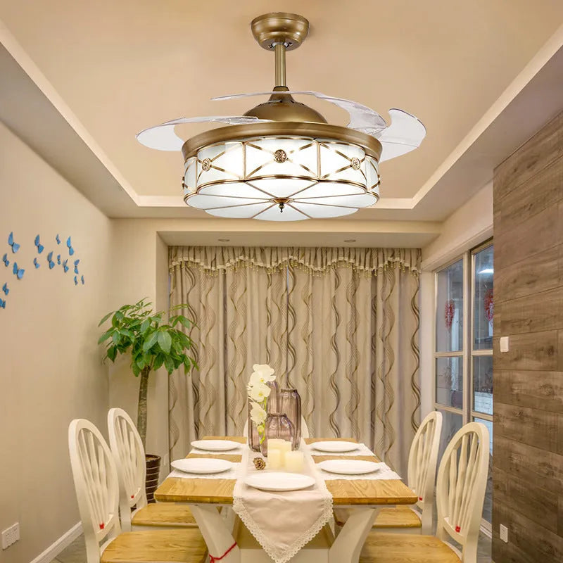 Gold 42-inch remote-controlled ceiling fan light with invisible blades and integrated LEDs