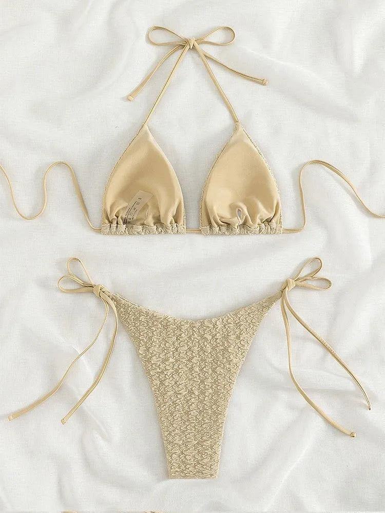 Women's high waist bikini set with lace-up top in khaki, blue, pink, or black colours