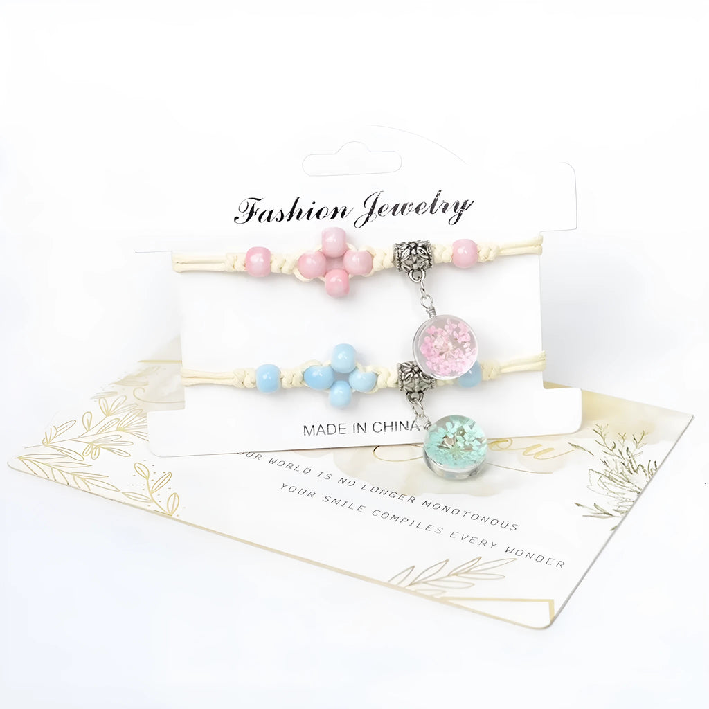 Hand-woven glass bracelet with 1.4cm beads containing real dried flowers in various colours