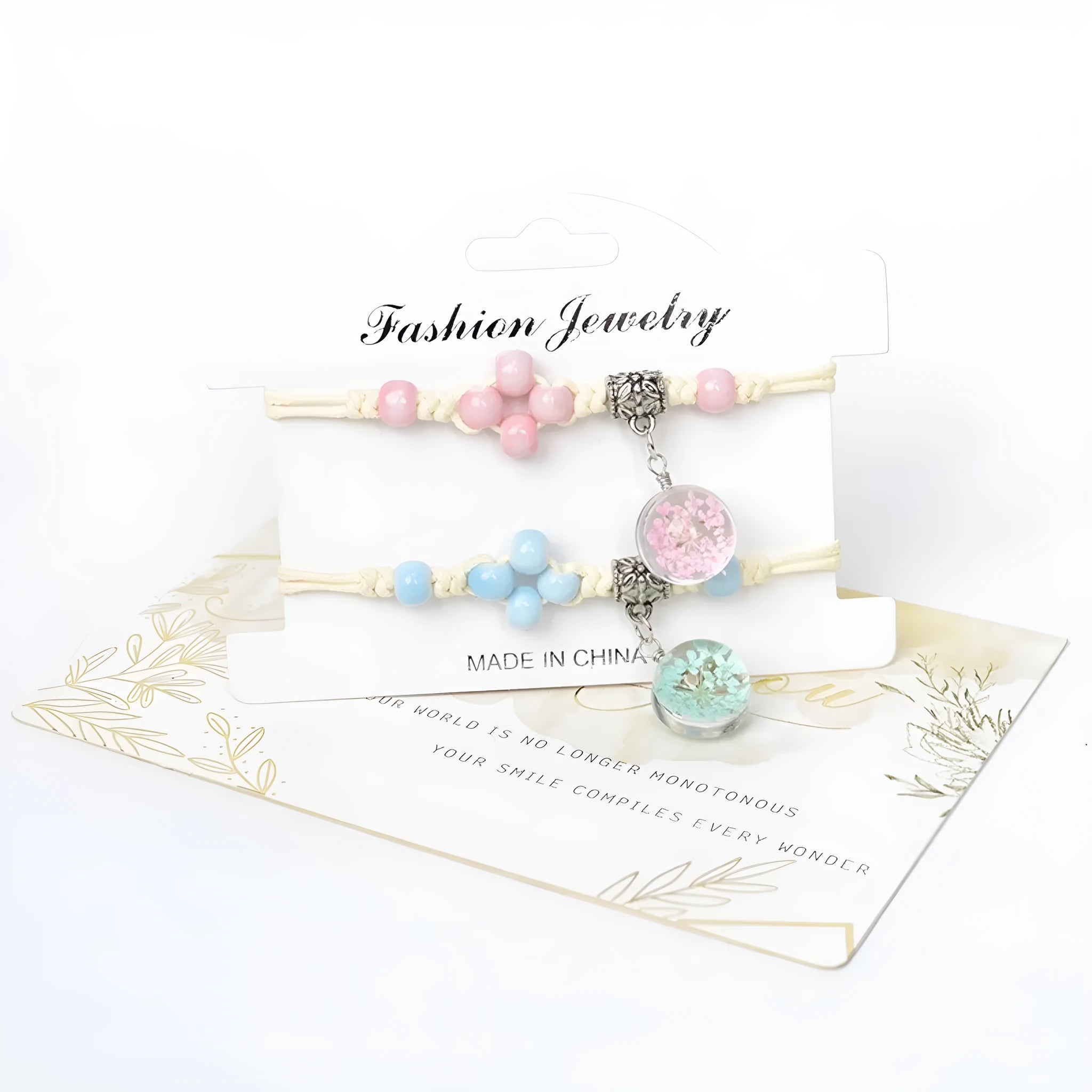 Hand-woven glass bracelet with 1.4cm beads containing real dried flowers in various colours