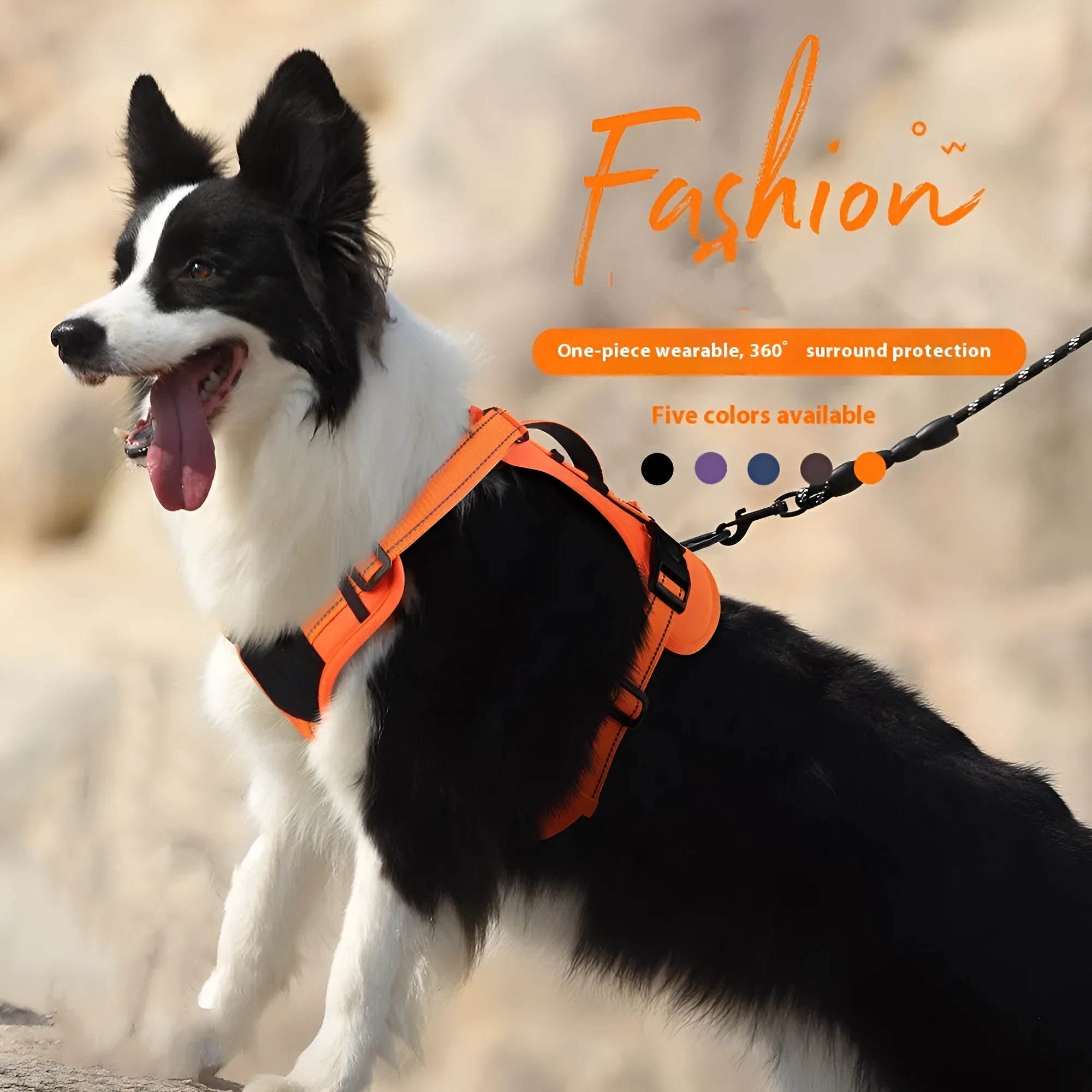 Reflective orange dog harness with black explosion-proof breast strap and full-hand grip rope