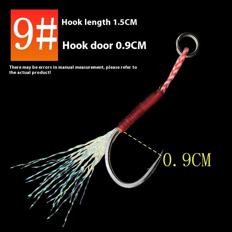 Single fishing hook made of bright wire iron plate on a blue background, sizes No. 9 to No. 14.