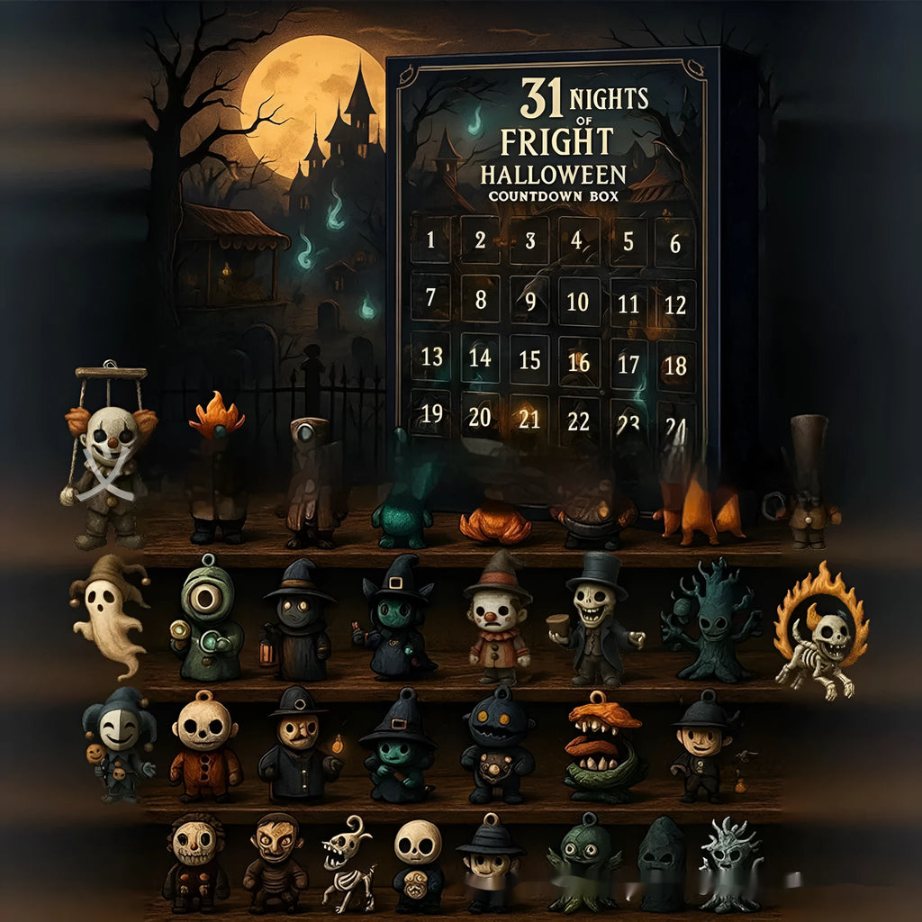 Halloween horror advent calendar blind box with window showing resin doll figure inside.