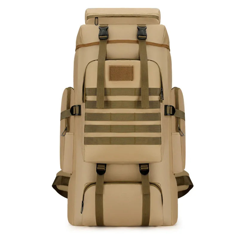 Canvas large capacity men's backpack in army green with retro military style and multiple pockets for hiking travel