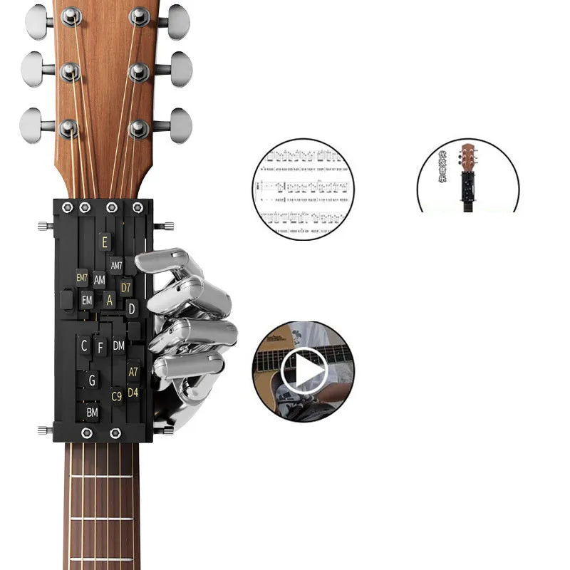 Black folk guitar chord practice device with automatic gear mechanism for beginner transitions
