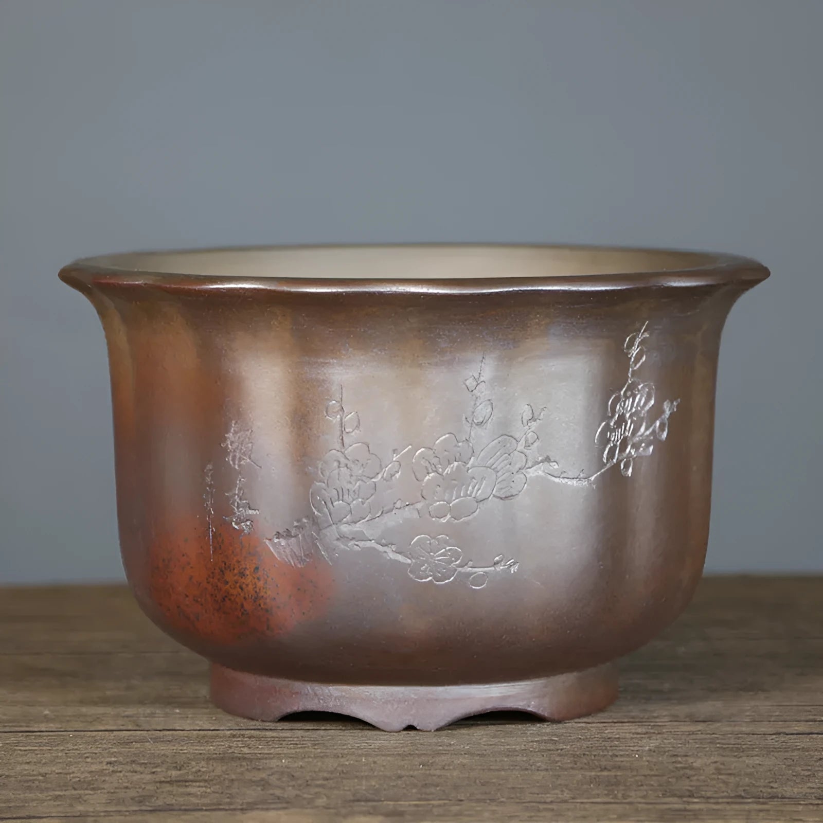 Antique carved purple sand ceramic bonsai pot with wood-burning pattern