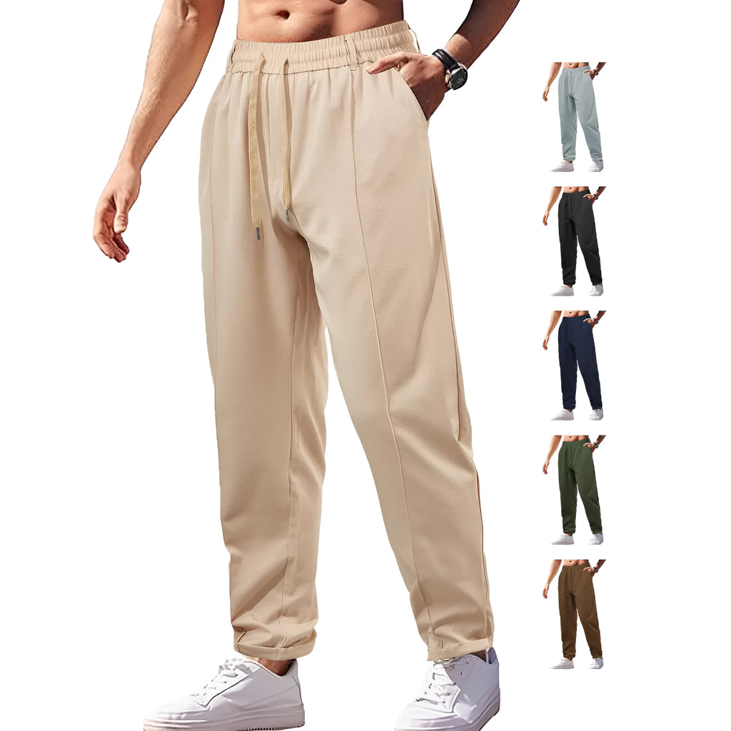Men's high-waist drawstring casual trousers in cotton-like polyester fabric, available in six colours