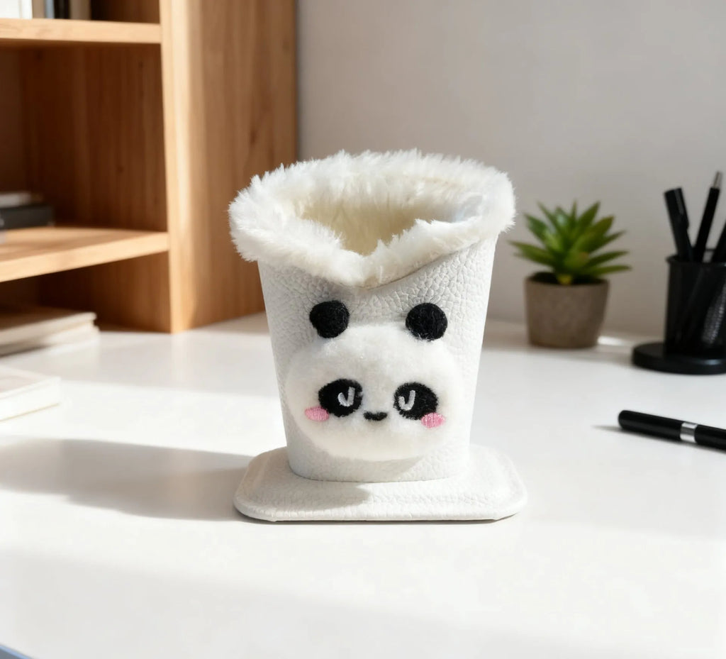 Nordic style fluffy cartoon desktop glasses storage bucket in leather with animal design, 11.6x8.1x12cm