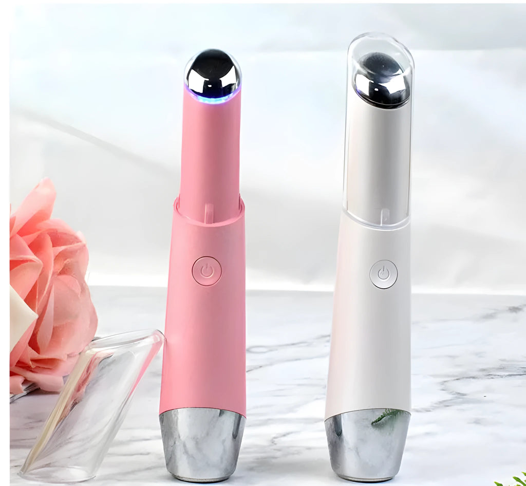 Mini eye massager electric vibration anti-ageing wrinkle removal pen in Pink and White with USB charging cable