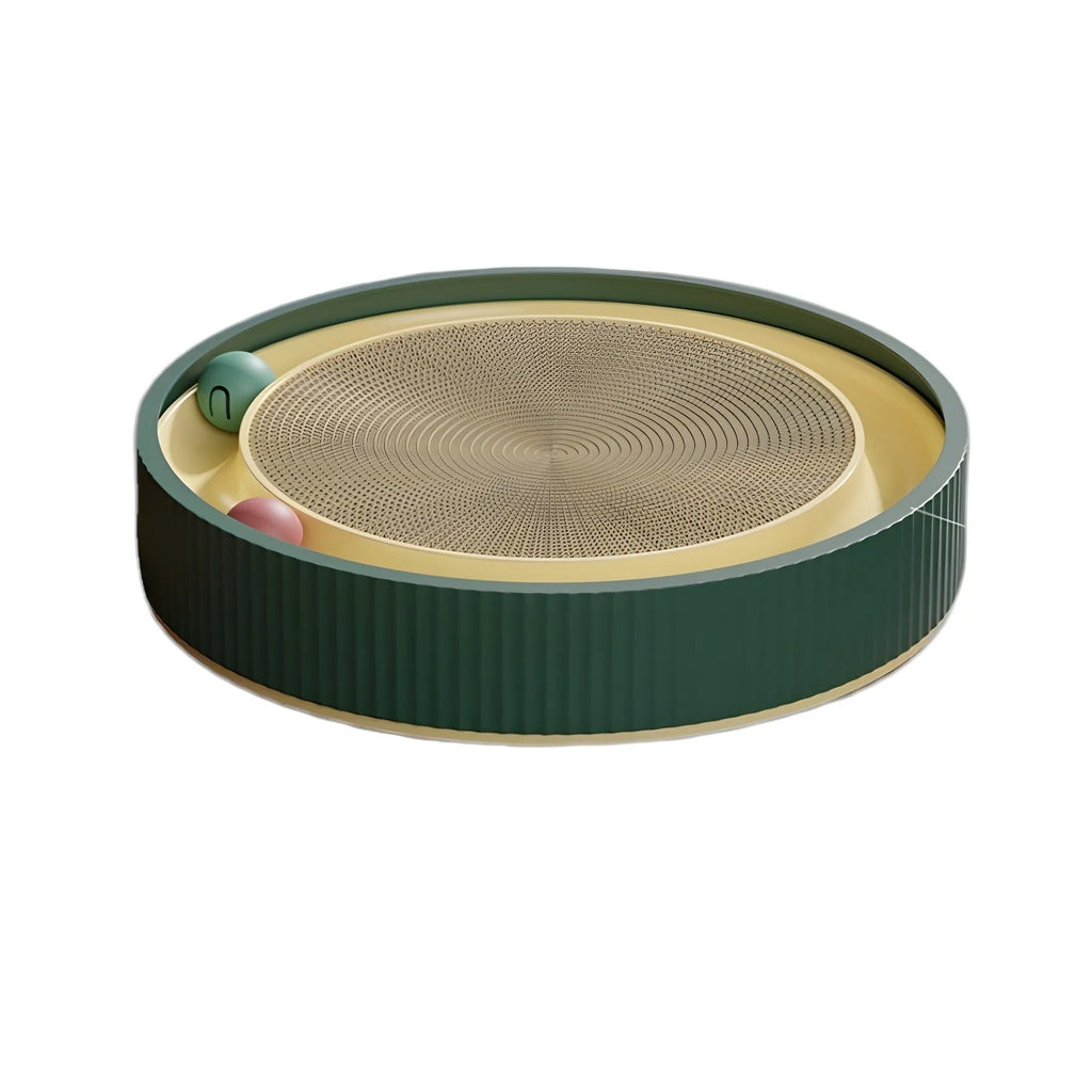 Large green circular cat scratching board with spring plush ball and moving bell toys