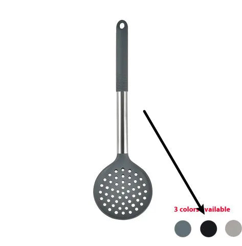 12-piece silicone kitchenware set with rotating storage bucket showing utensils in black, dark grey or khaki colours