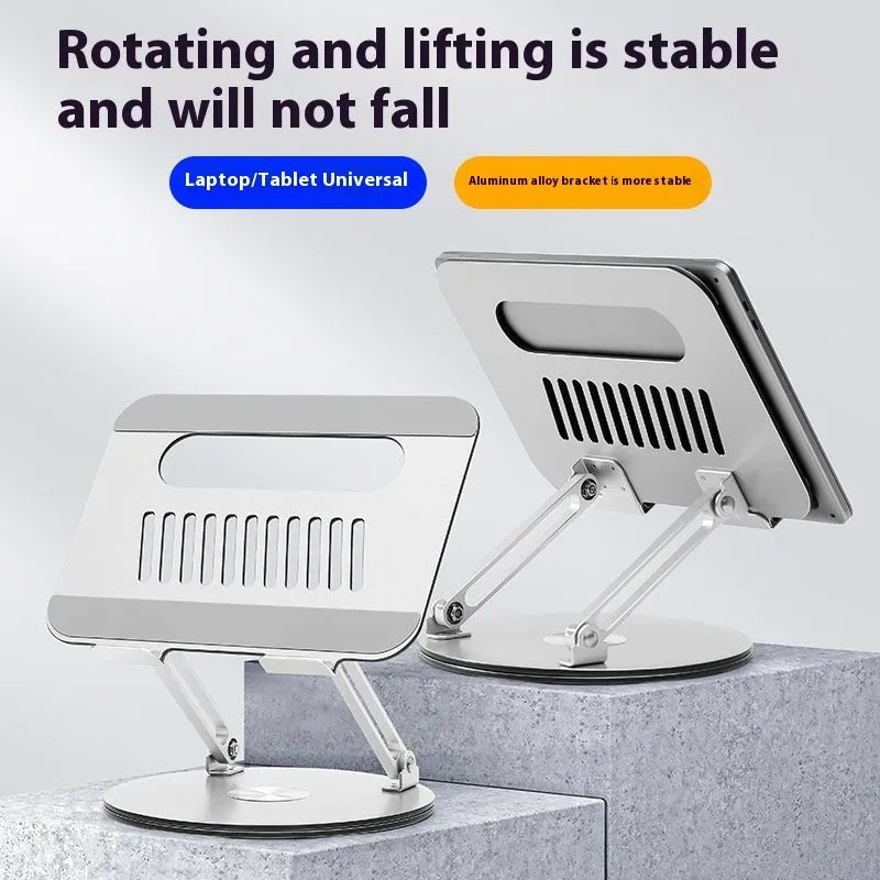 Silver aluminium alloy laptop stand shown in an adjustable, rotatable, and folded position