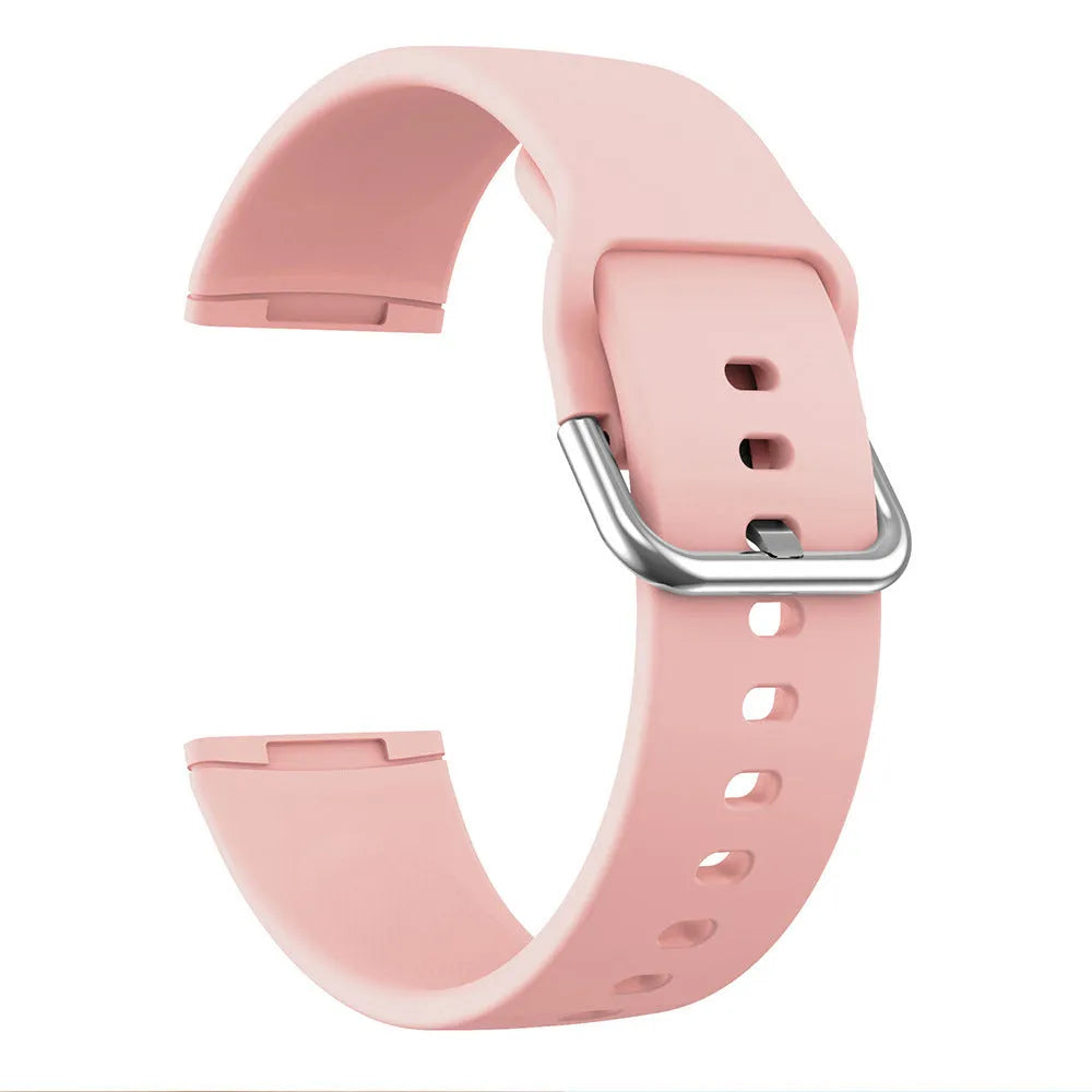 Silicone replacement strap with silver buckle for Fitbit Versa 3 and Sense 2 in multiple solid colours.