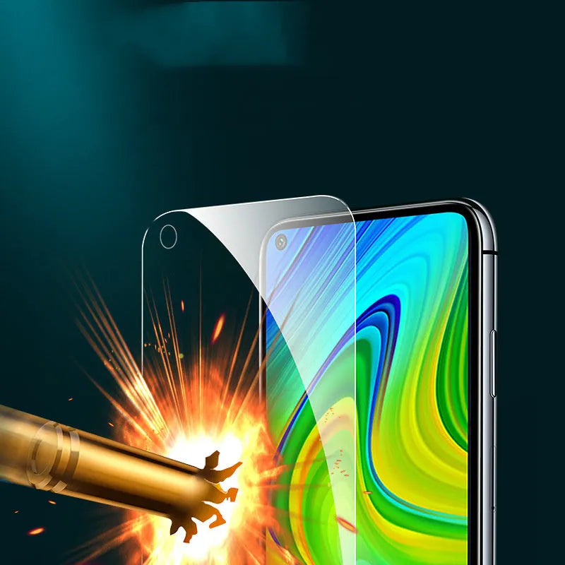 Tempered glass screen protector for Xiaomi and Redmi mobile phones showing full coverage and clear transparency