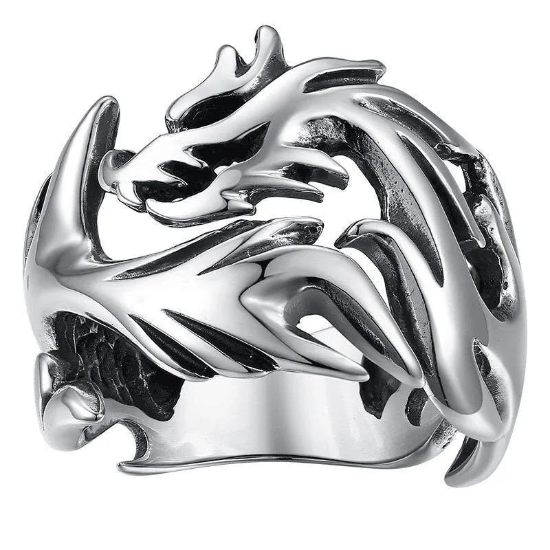 Adjustable Chinese dragon pattern ring in silver blue and green electroplated metal