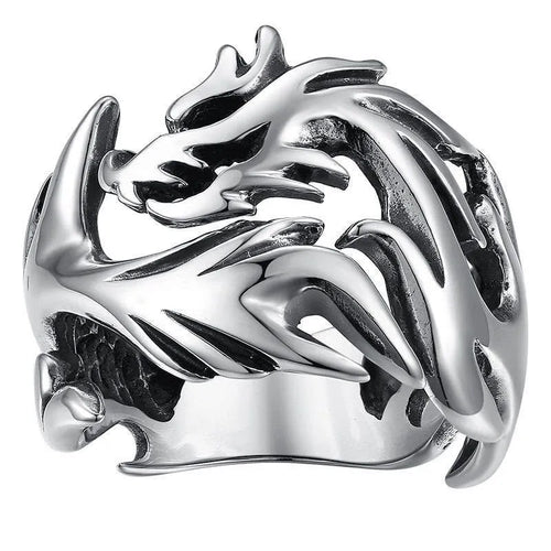 Adjustable Chinese dragon pattern ring in silver blue and green electroplated metal