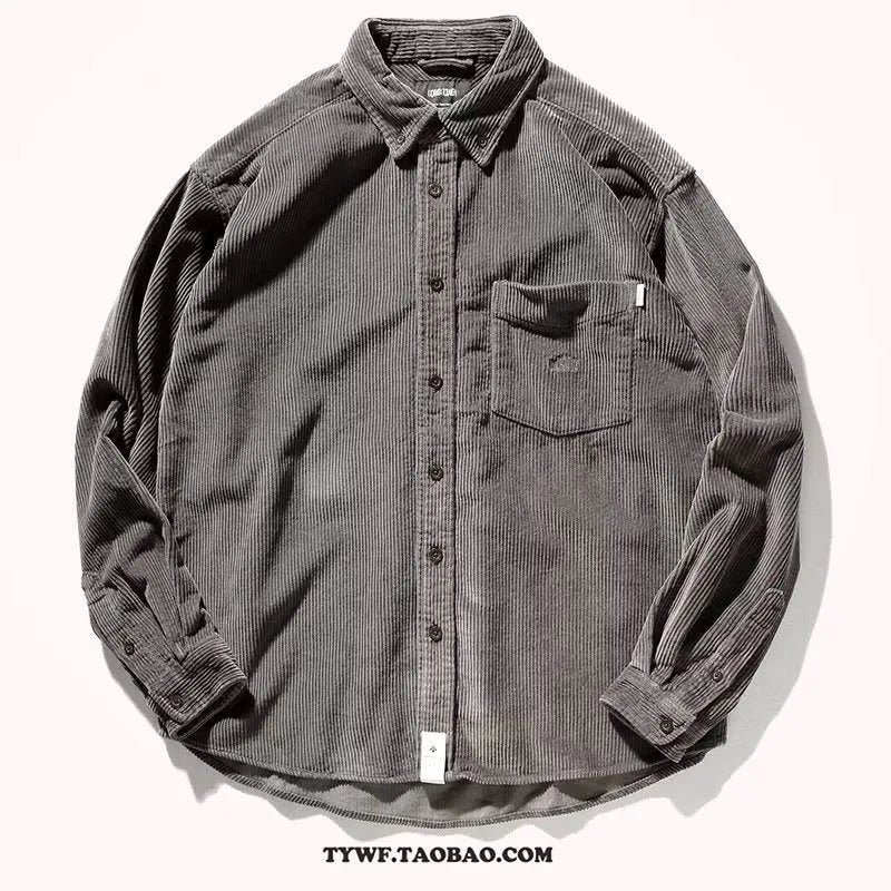 Japanese Hong Kong style loose fit corduroy shirt in caramel colour with cardigan design