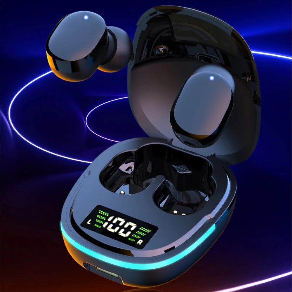 Black true wireless Bluetooth in-ear headphones with a charging case on a white background