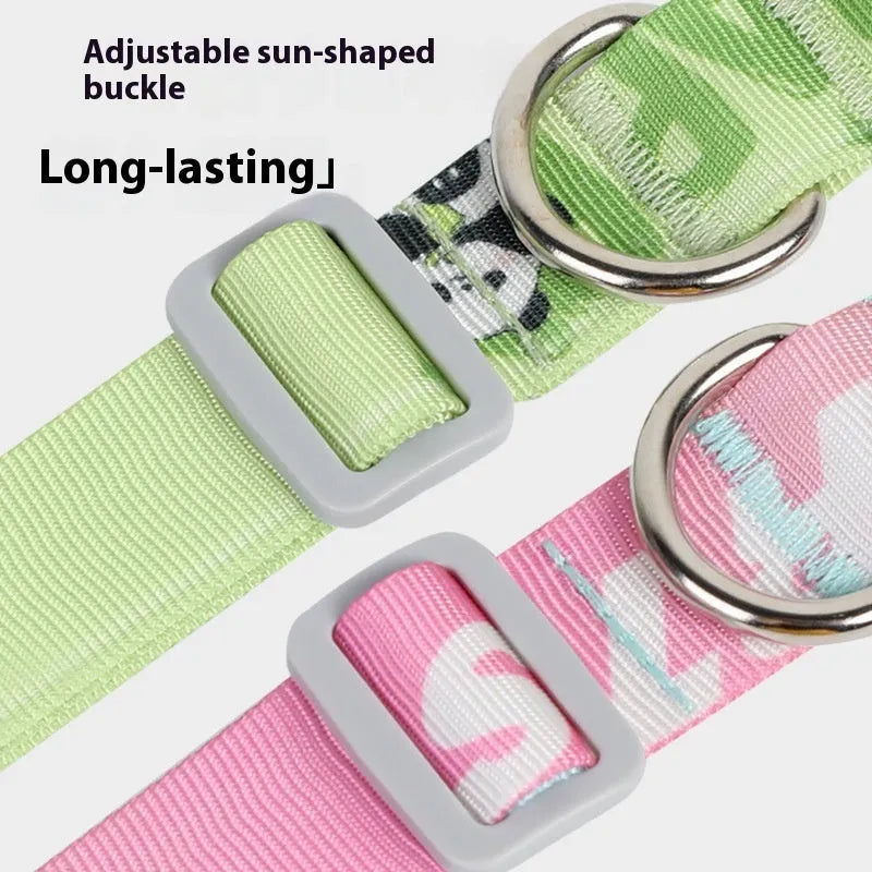 Adjustable nylon dog collar with cartoon gradient printing in small, medium, and large sizes