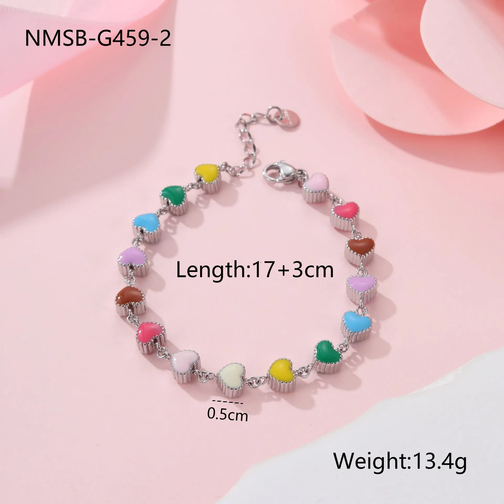 Women's heart-shaped stainless steel bracelet with colourful oil necklace element in gold electroplated finish