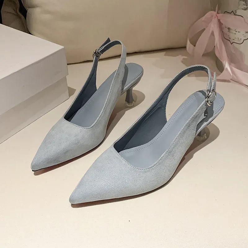 Suede pointed toe stiletto high heels in pink, blue, yellow, and apricot colours