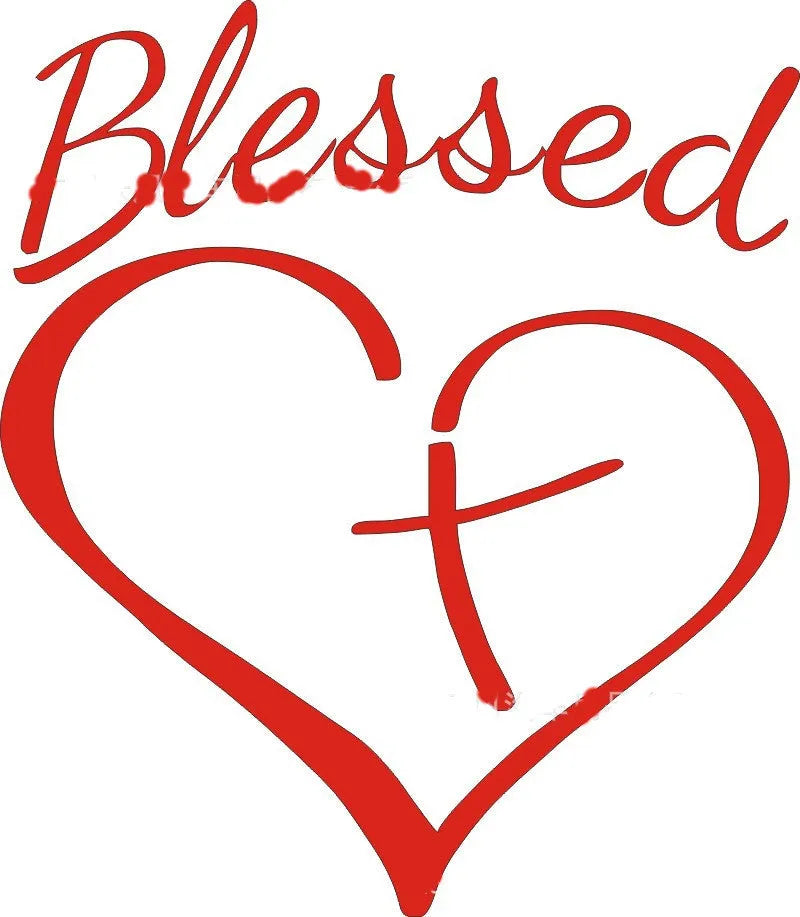 Faith Hope Love lettering inside a heart shape on a black, white, and red sticker measuring 14 by 11.5 cm