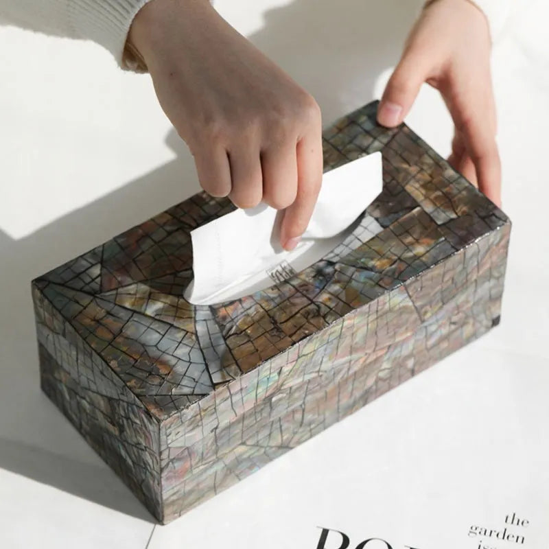 Modern black shell tissue box organiser with removable storage compartments on coffee table