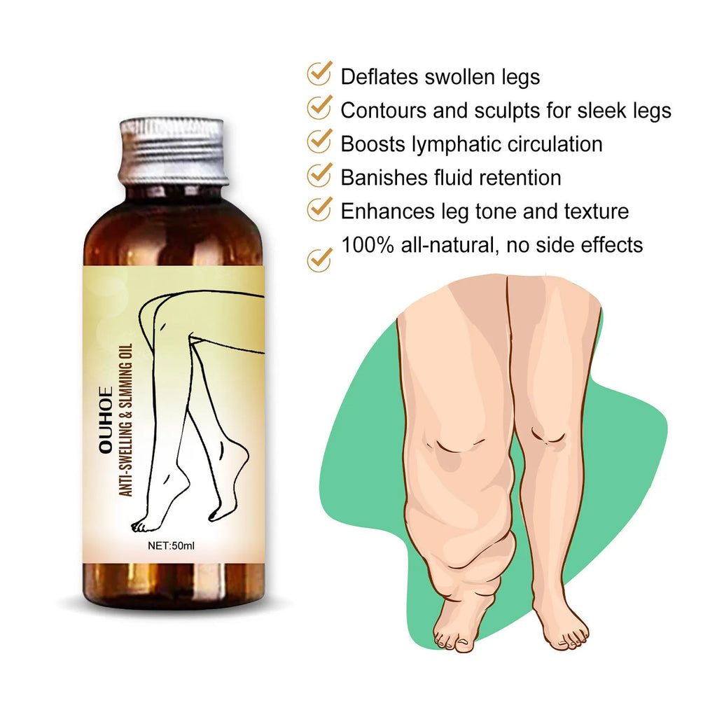 50ml bottle of moisturising body oil with botanical extracts for skin care and leg massage