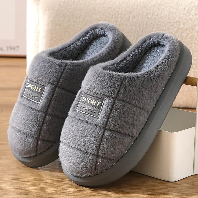 Men's plaid rabbit hair slippers with thick sole, shown in brown and grey colour options