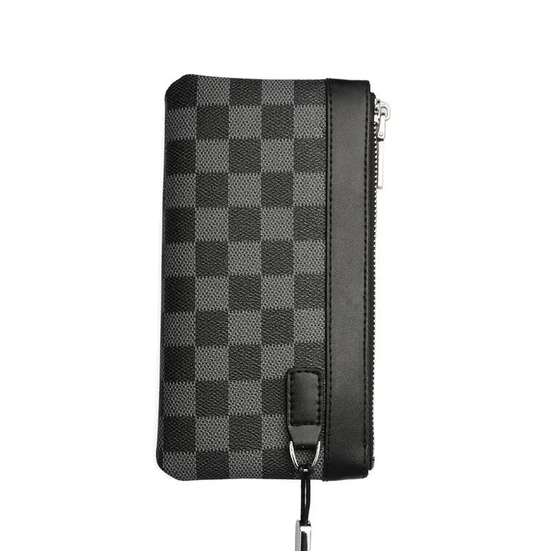 Black men's leather clutch wallet showing first layer cowhide construction and 20x10cm dimensions